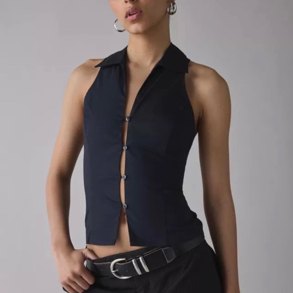 Free People Black Button-Front Halter Collared Top